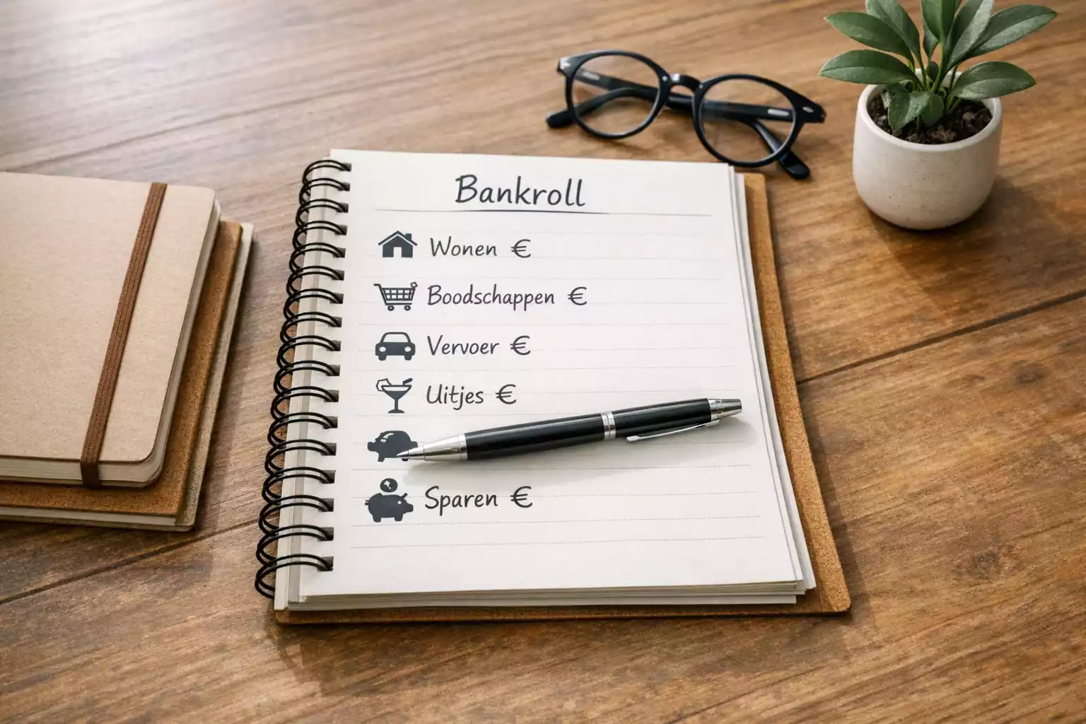 Overzichtelijk notitieboek met budgetplanning en euroteken symbolen op houten bureau