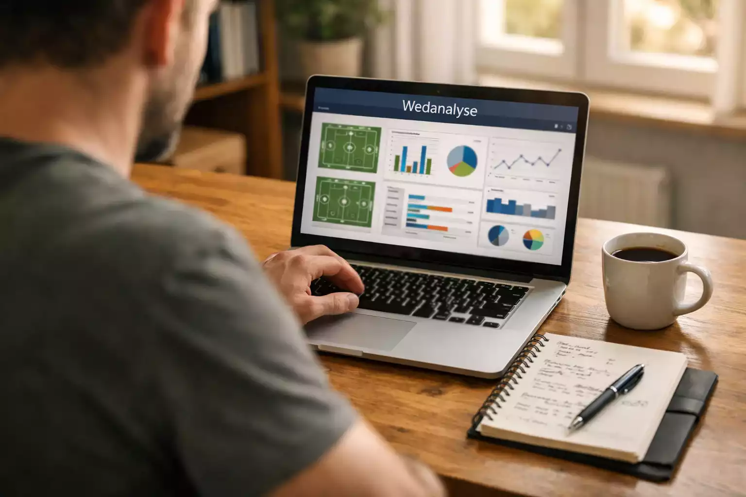 Analist bestudeert voetbalstatistieken op laptop met aantekeningen en koffiekop op bureau