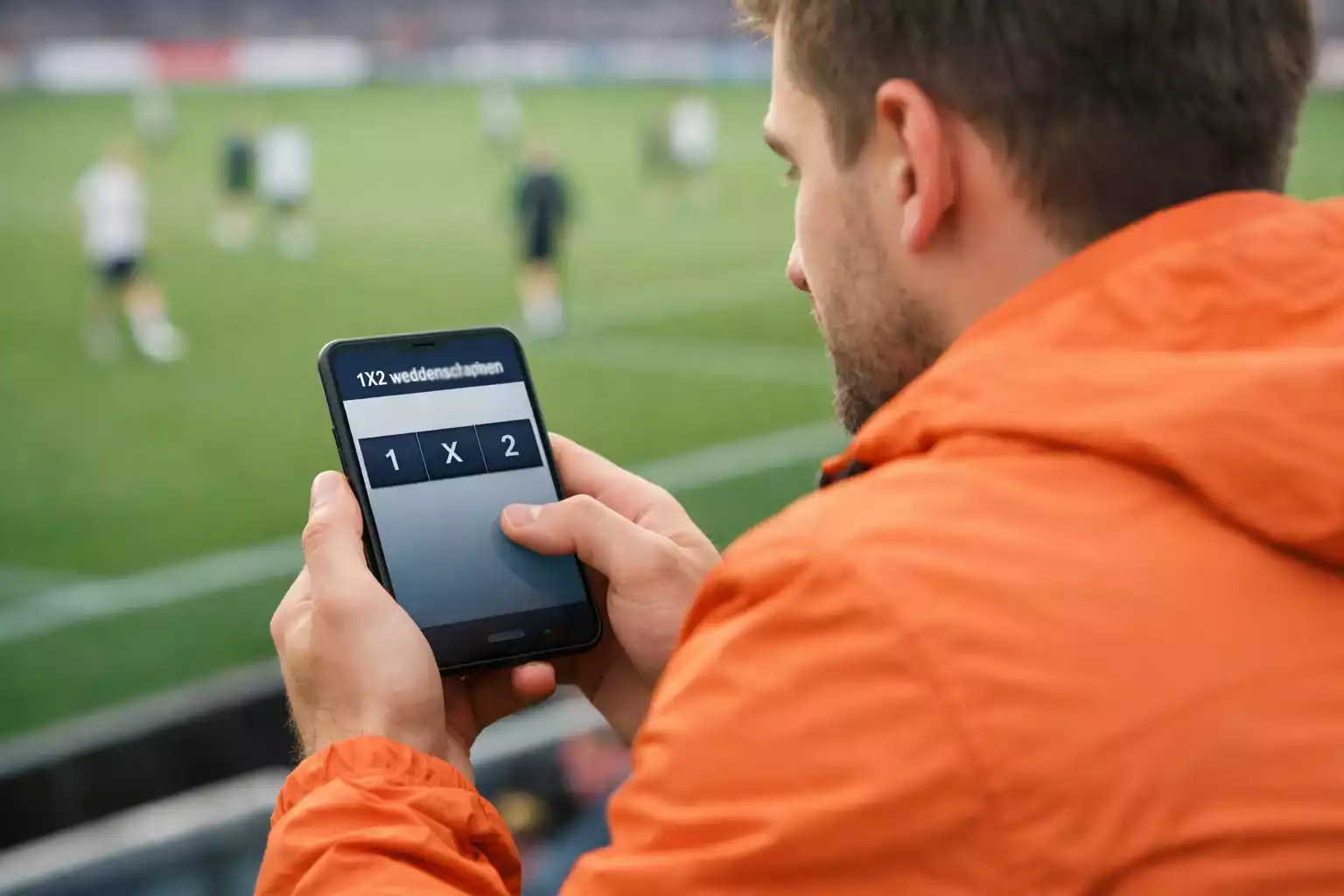Voetbalfan die 1X2 weddenschap plaatst op smartphone bij stadion