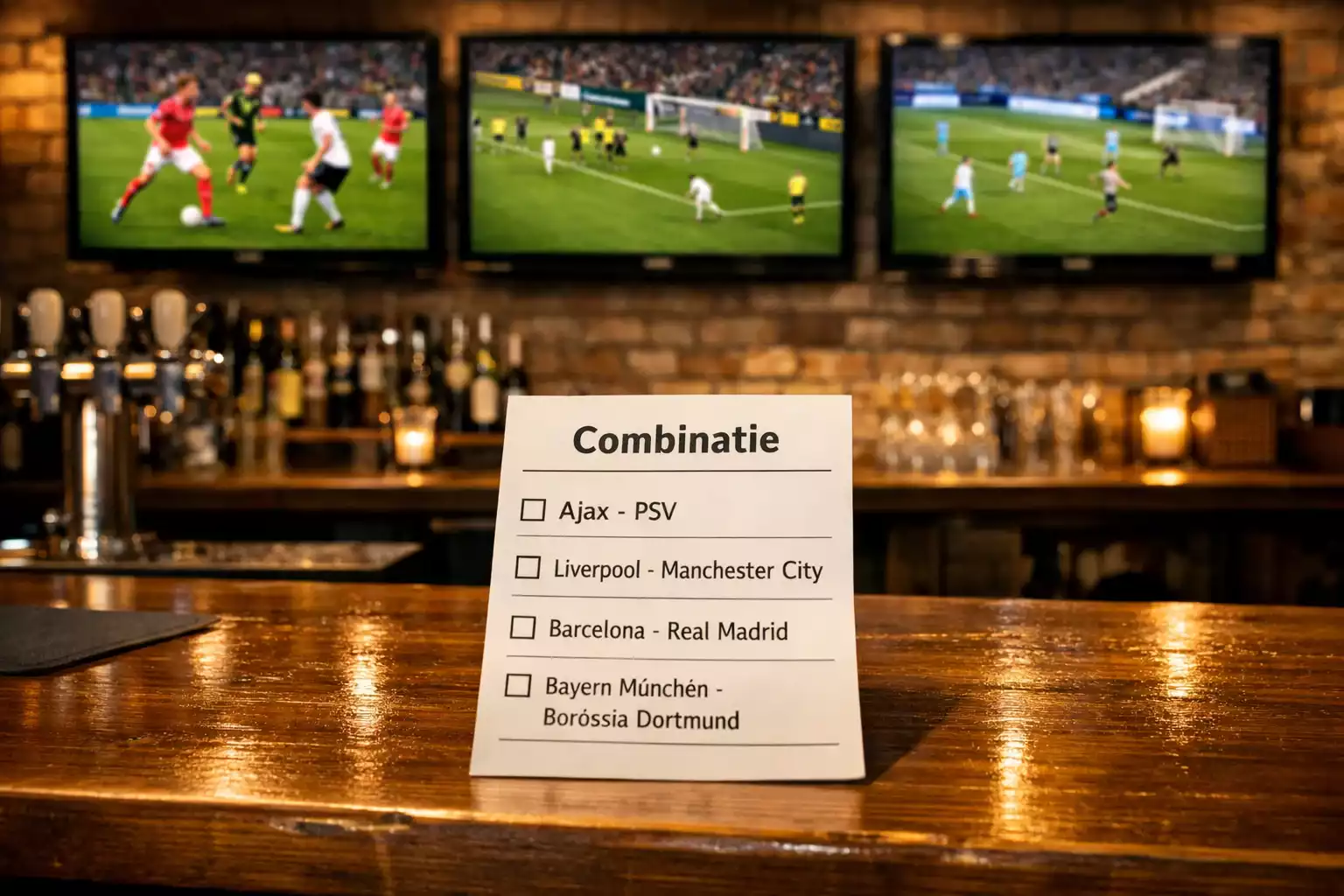 Meerdere voetbalwedstrijden op schermen die combinatieweddenschappen tonen