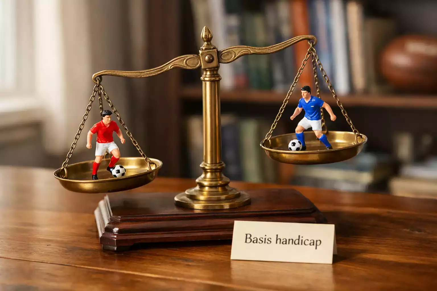 Weegschaal met voetbalteams die het balanceringsprincipe van handicap toont