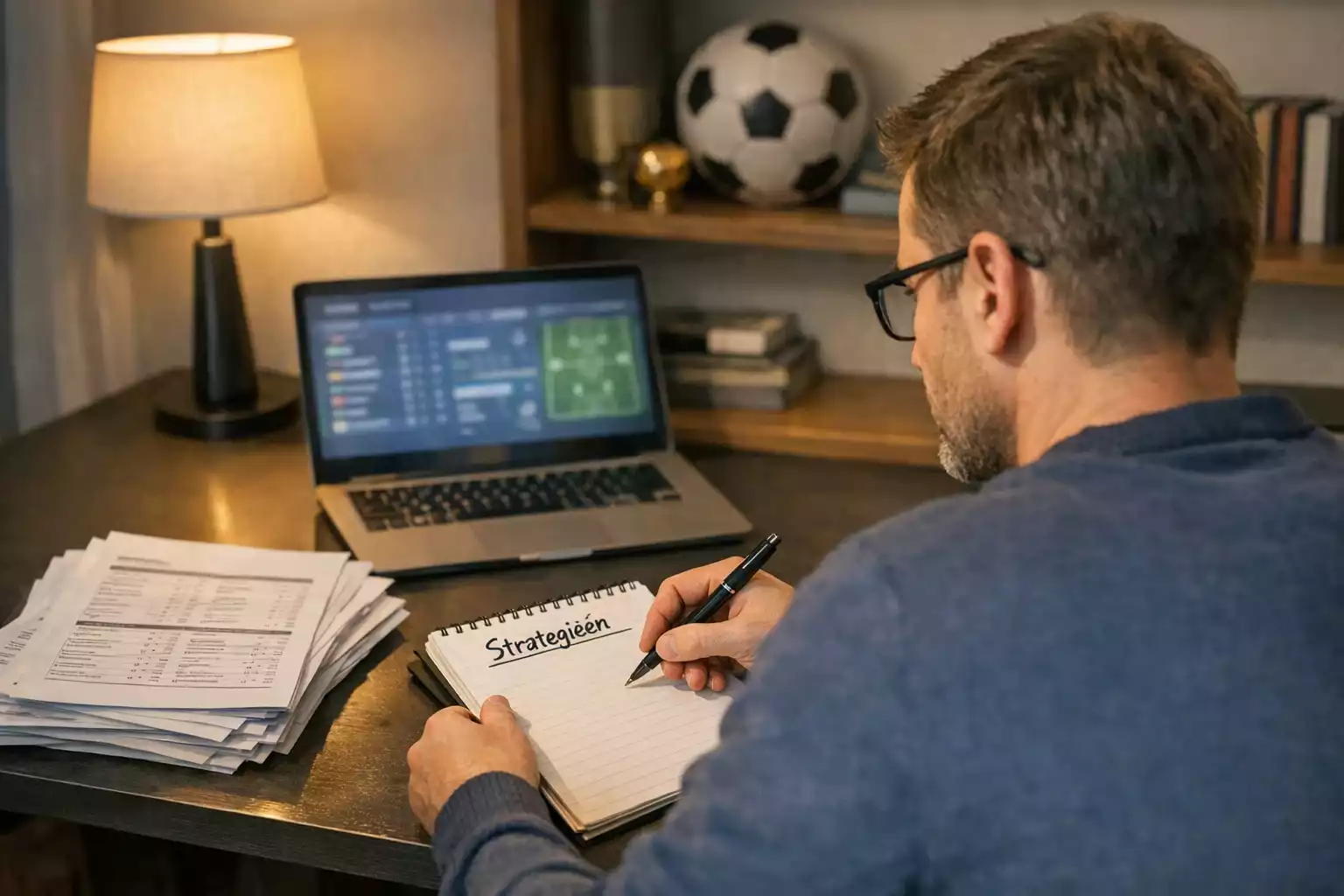 Analist die Asian Handicap strategieën bestudeert met notities en laptop