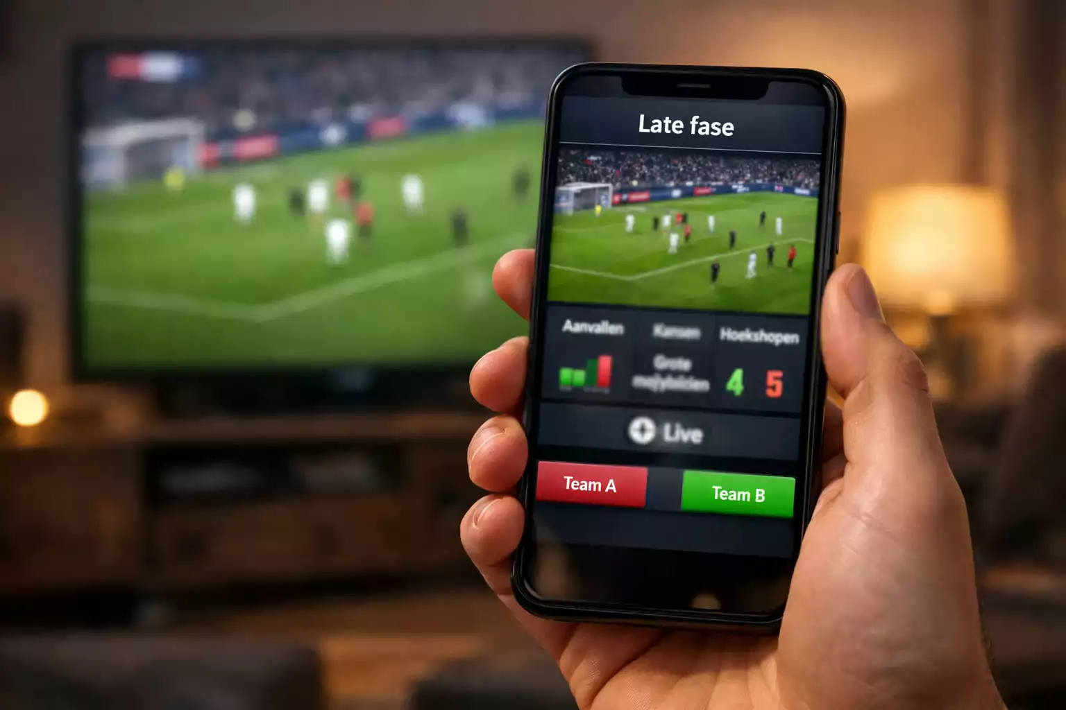 Voetbalwedstrijd in 79e minuut met live odds op smartphone scherm