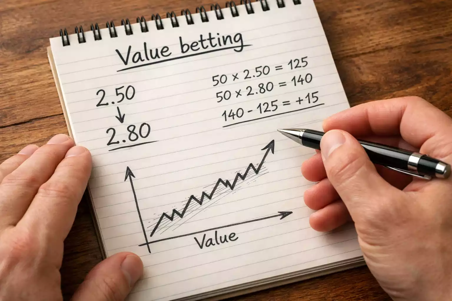 Wedder die odds analyseert en value berekent met notitieblok en pen