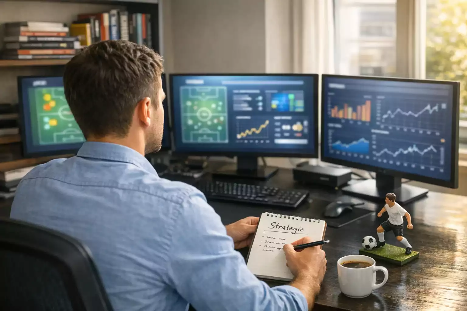 Succesvolle voetbalanalist die wedstrategieën bestudeert achter bureau met schermen