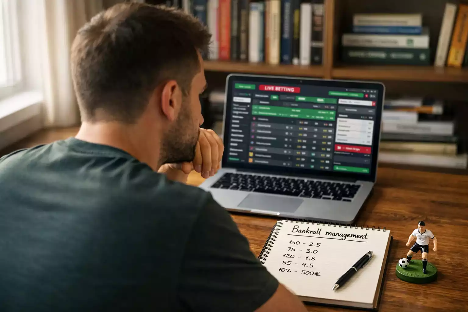 Professionele wedder die zijn bankroll beheert met notitieblok en laptop