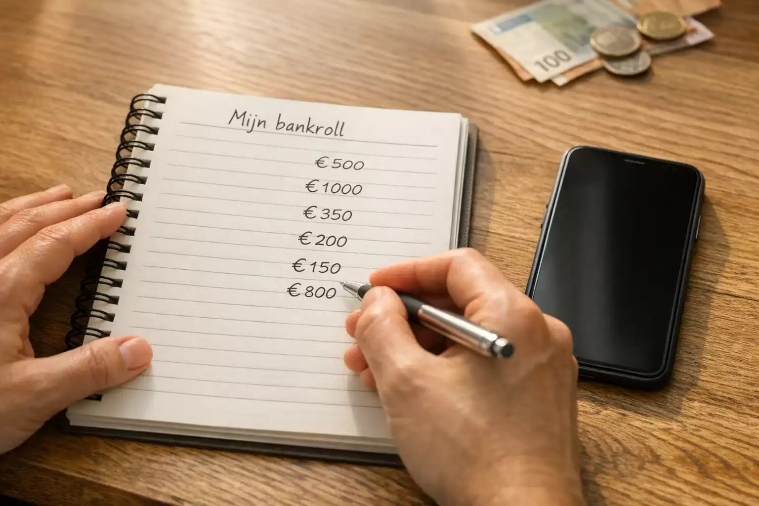 Persoon die budget plant met notitieblok en pen op bureau