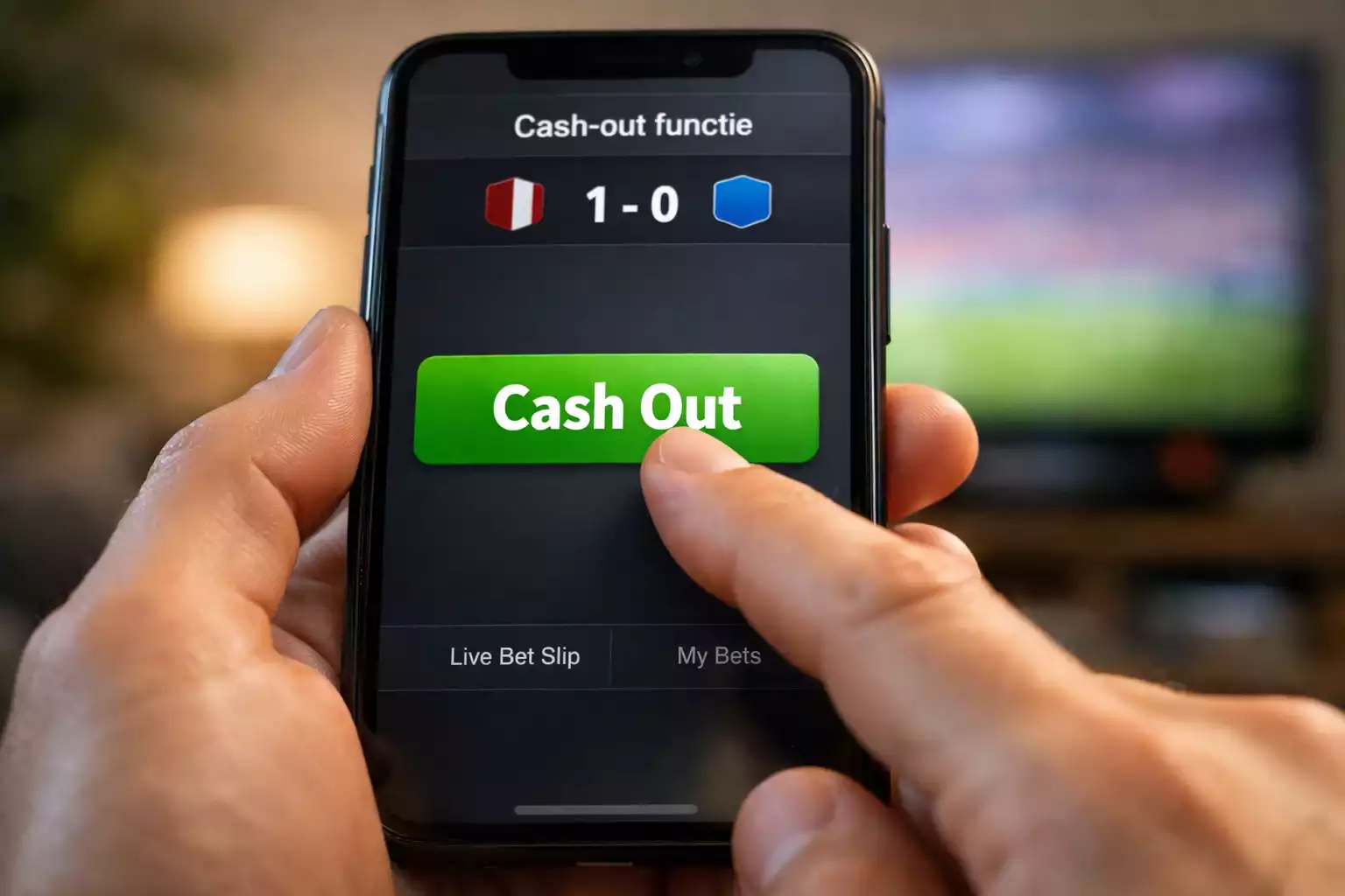Smartphone scherm met cash out knop tijdens live voetbalweddenschap
