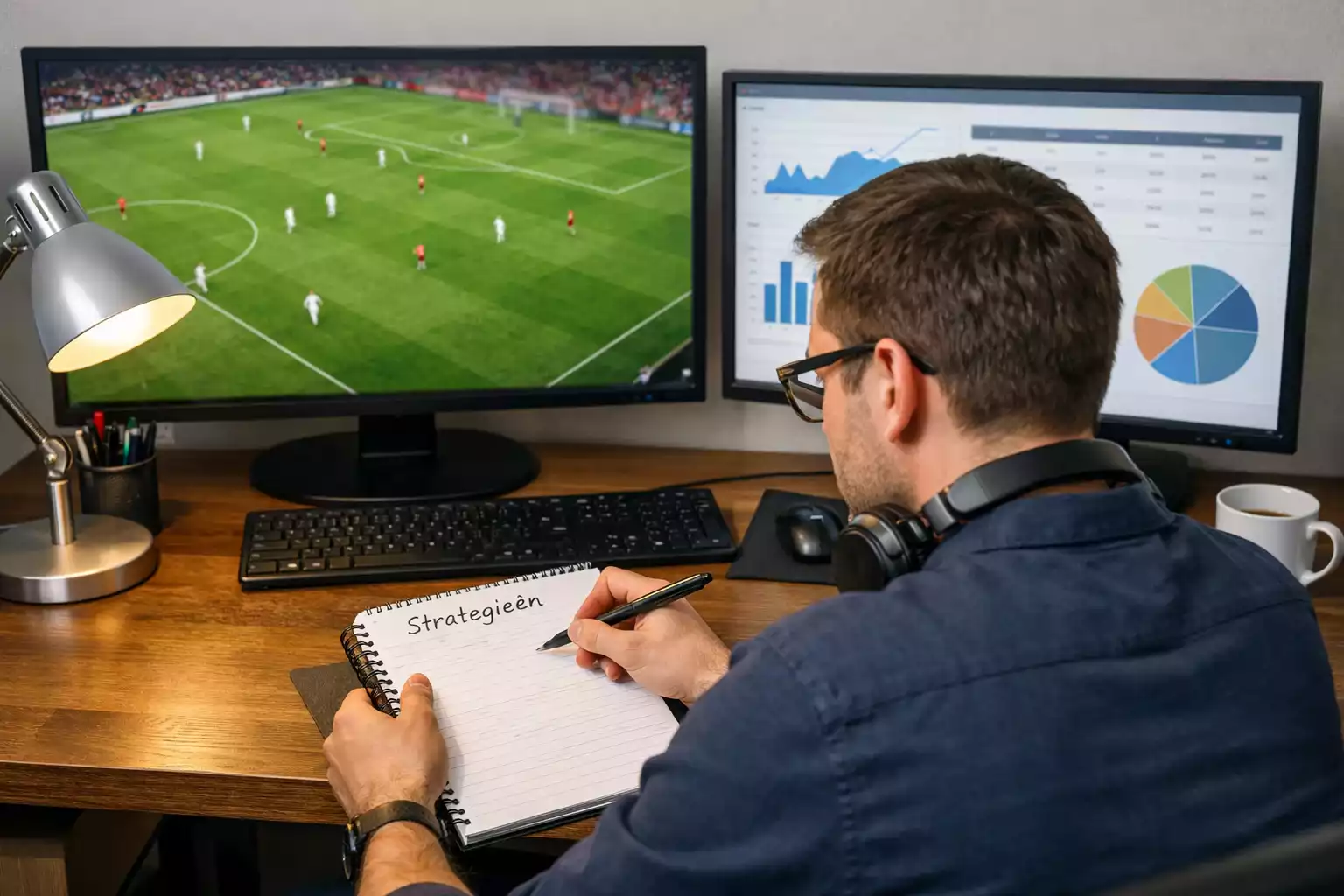 Analist die live wedstrijd analyseert met meerdere schermen en notities