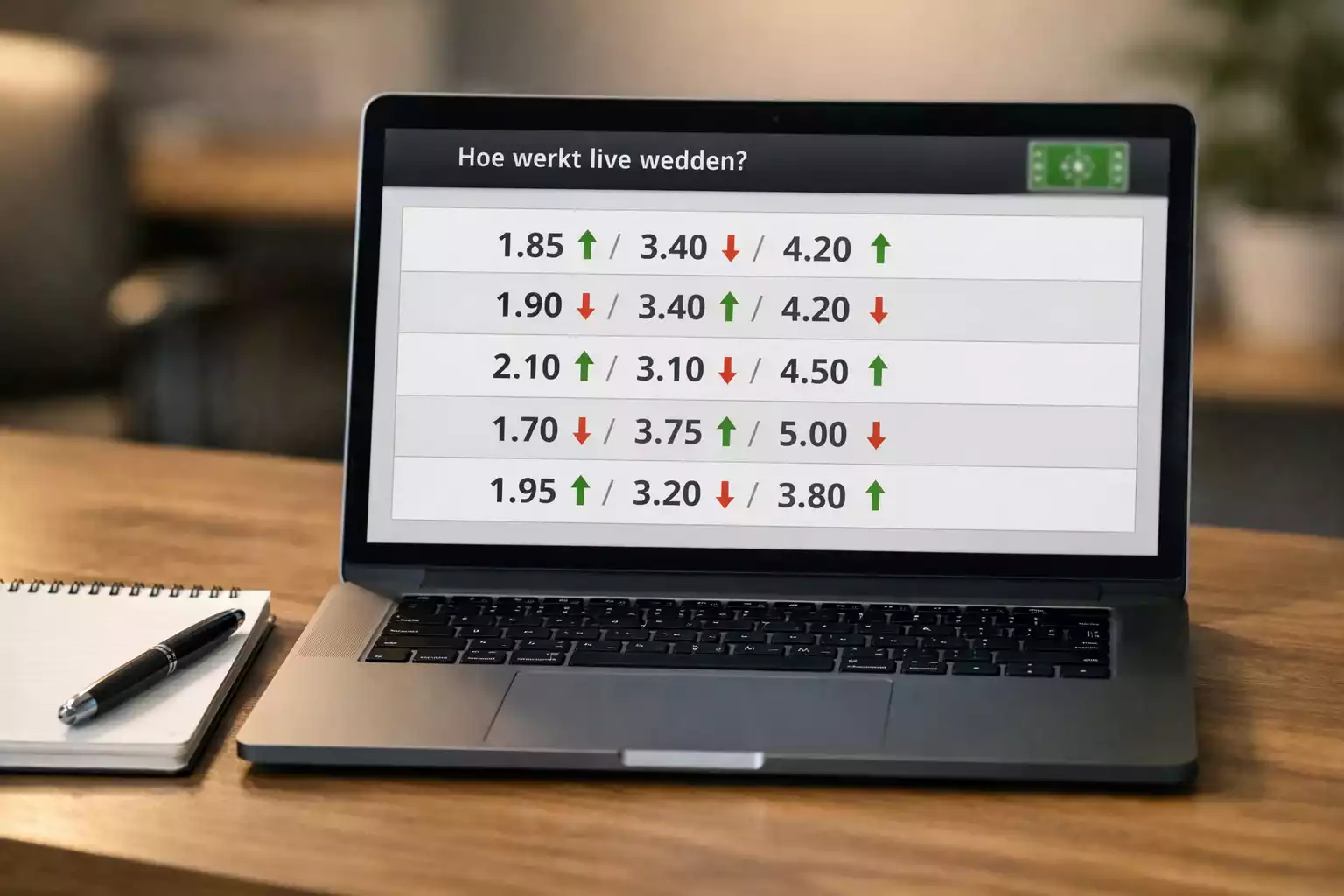 Dynamisch scherm met veranderende live odds tijdens voetbalwedstrijd