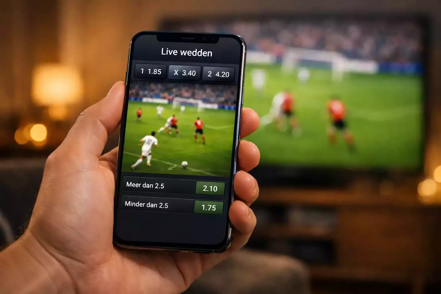 Smartphone met live voetbalwedstrijd en real-time odds op het scherm