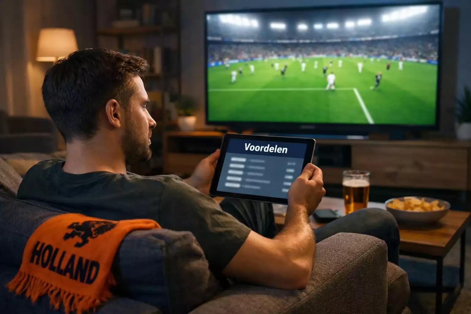 Fan die voetbalwedstrijd volgt op TV met tablet voor live weddenschappen