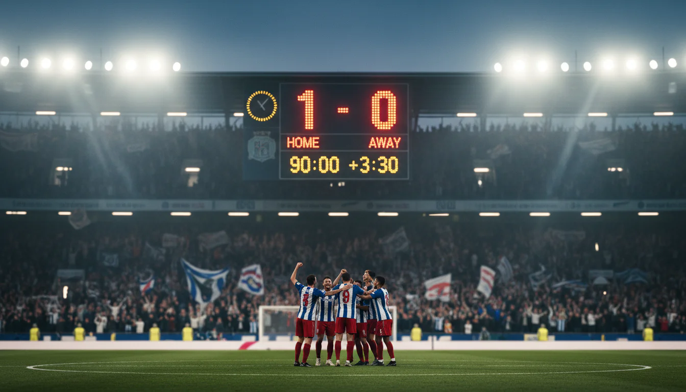 Voetbalwedstrijd close-up met scorebord dat een exacte uitslag toont in een vol stadion
