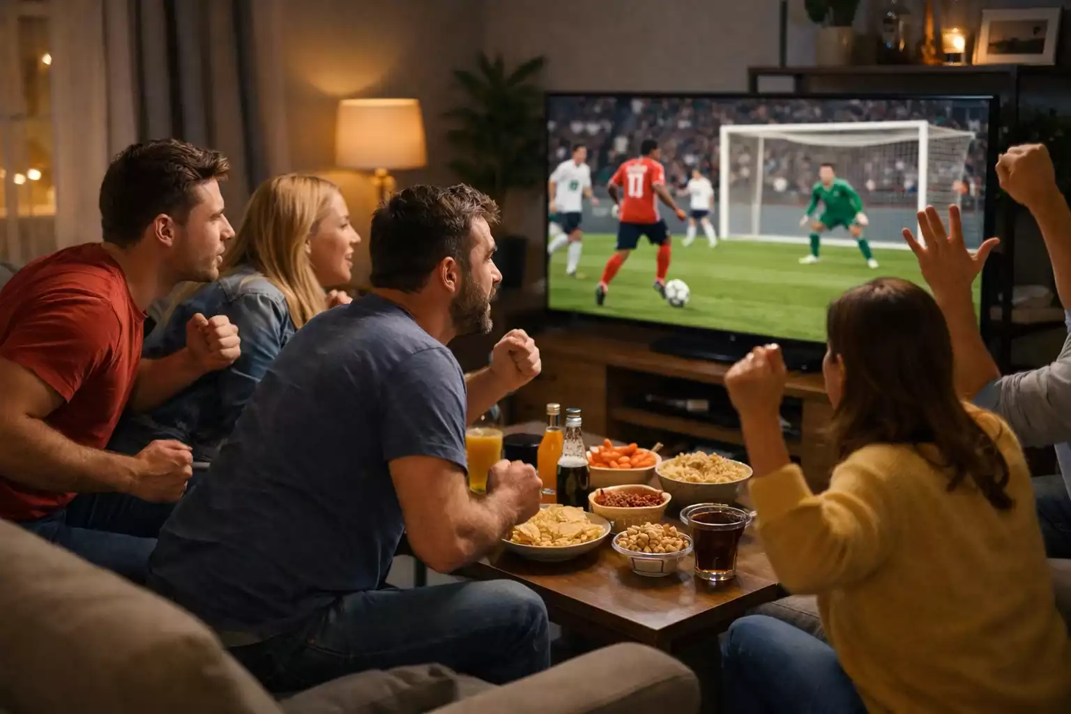 Voetbalsupporters kijken gespannen naar wedstrijd op groot scherm in moderne woonkamer