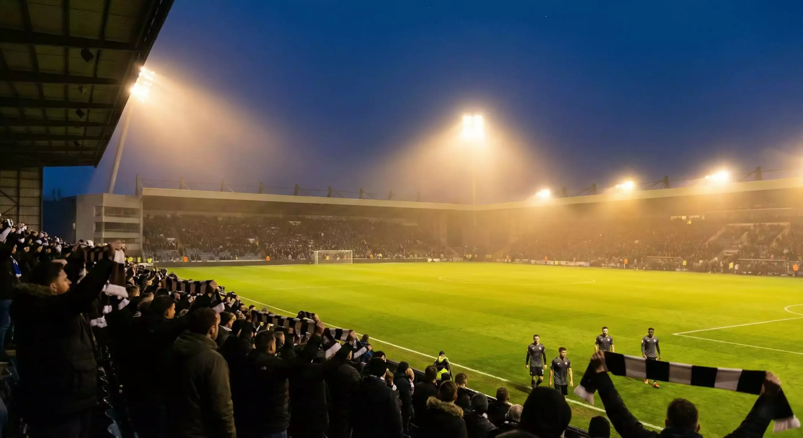 Sfeervolle avondwedstrijd in een vol voetbalstadion met groene grasmat en felle stadionlampen