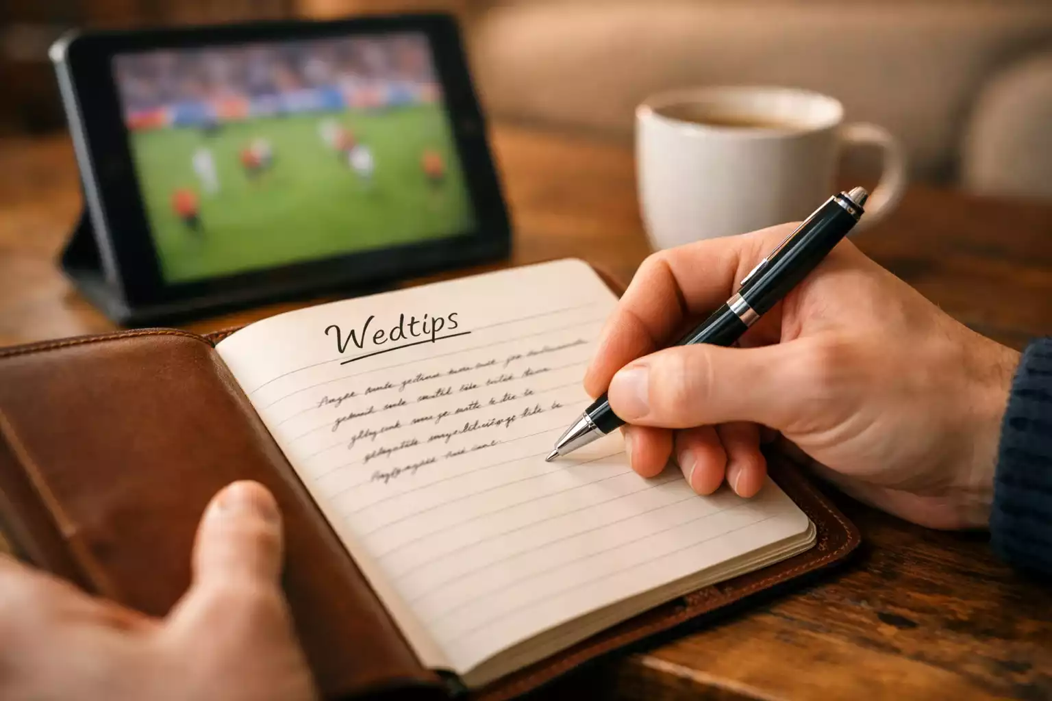Persoon maakt notities in notitieboek naast tablet met voetbalwedstrijd livestream